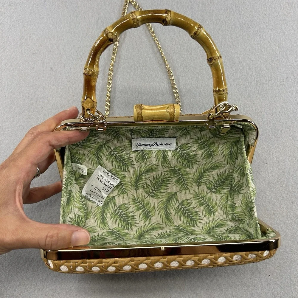 Tommy Bahama Woven Cane Bamboo Handle Clutch Bag Gold Chain Strap Tan White NEW